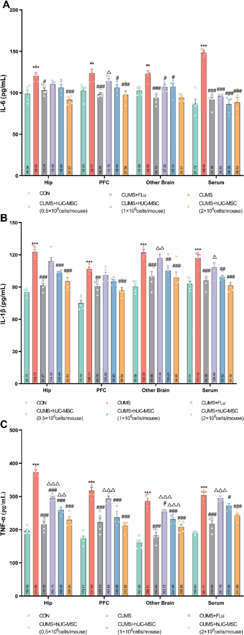 圖5：hUC-MSCs調節中樞神經(jīng)系統 (CNS) 的炎癥水平。
