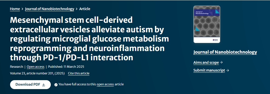 間充質(zhì)干細胞衍生的細胞外囊泡通過(guò) PD-1/PD-L1 相互作用調節小膠質(zhì)細胞葡萄糖代謝重編程和神經(jīng)炎癥，從而緩解自閉癥