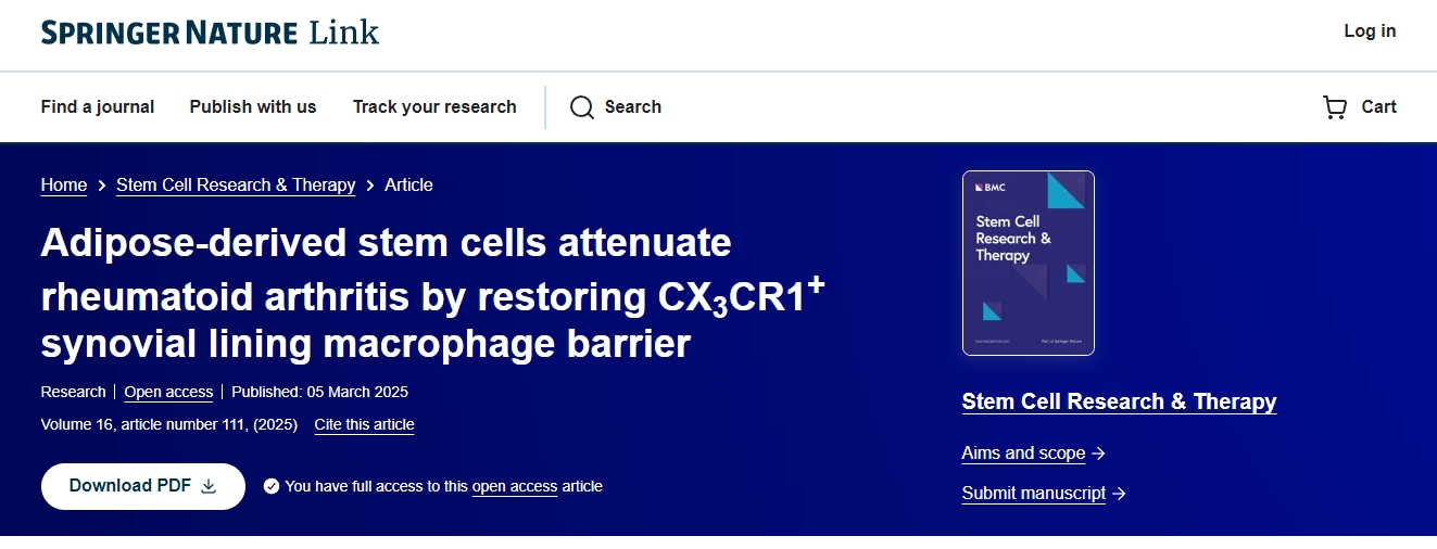脂肪干細胞通過(guò)恢復 CX3CR1+滑膜內層巨噬細胞屏障減輕類(lèi)風(fēng)濕性關(guān)節炎