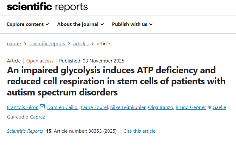 自閉癥譜系障礙患者的干細胞中，糖酵解受損會(huì )導致ATP缺乏和細胞呼吸作用降低