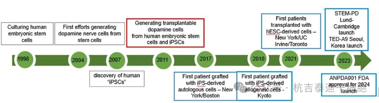 圖1：干細胞技術(shù)治療帕金森病的進(jìn)展時(shí)間表