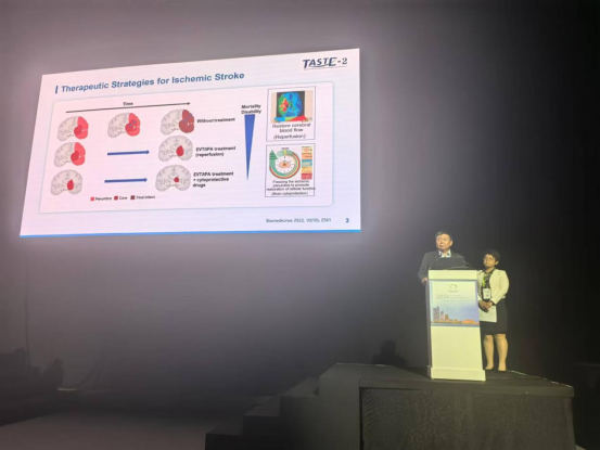 北京天壇醫院王擁軍教授與王春娟教授代表研究團隊在世界卒中大會(huì )現場(chǎng)介紹TASTE-2研究最新發(fā)現