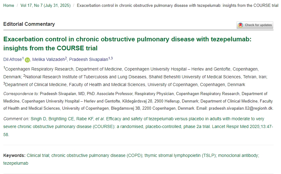 使用tezepelumab控制慢性阻塞性肺病的急性加重：來(lái)自COURSE試驗的見(jiàn)解