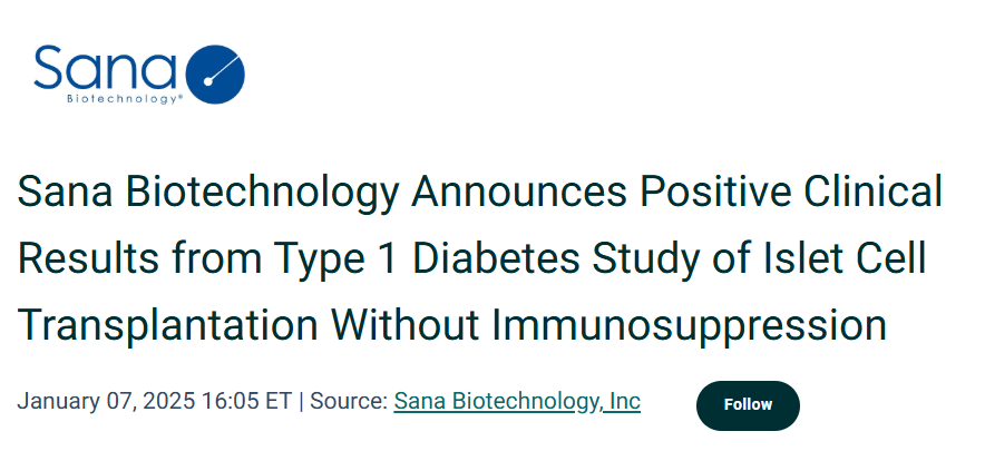 Sana Biotechnology宣布1型糖尿病患者無(wú)免疫抑制胰島細胞移植研究取得積極臨床結果