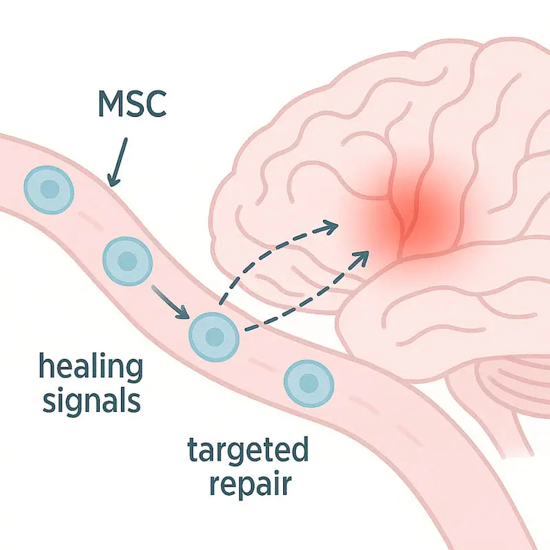 MSCs在血液中循環(huán)，并通過(guò)生物活性分子向細胞發(fā)送信號。這觸發(fā)了個(gè)體自身干細胞的激活過(guò)程，從而緩解炎癥并加速神經(jīng)系統內的生理過(guò)程。