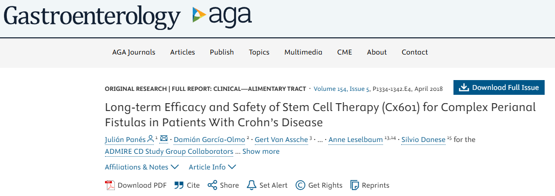干細胞療法（Cx601）治療克羅恩病患者復雜性肛周瘺的長(cháng)期療效和安全性