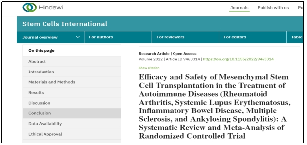 間充質(zhì)干細胞移植治療自身免疫性疾?。?lèi)風(fēng)濕關(guān)節炎、系統性紅斑狼瘡、炎癥性腸病、多發(fā)性硬化癥和強直性脊柱炎）的療效和安全性：隨機對照試驗的系統綜述和薈萃分析