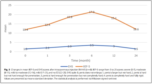 圖5：陰莖海綿體內注射BM-MS后IIEF-5和EHS評分的變化