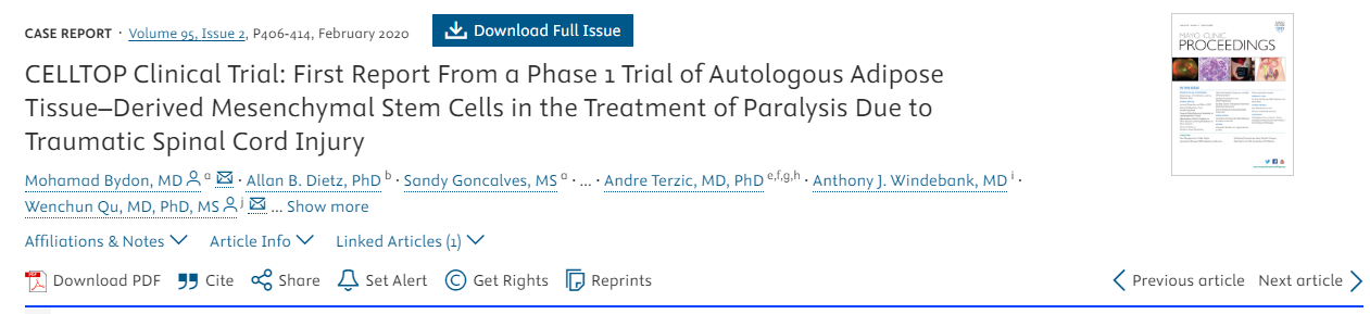 CELLTOP臨床試驗：自體脂肪組織來(lái)源的間充質(zhì)干細胞治療創(chuàng  )傷性脊髓損傷所致癱瘓的1期臨床試驗首份報告