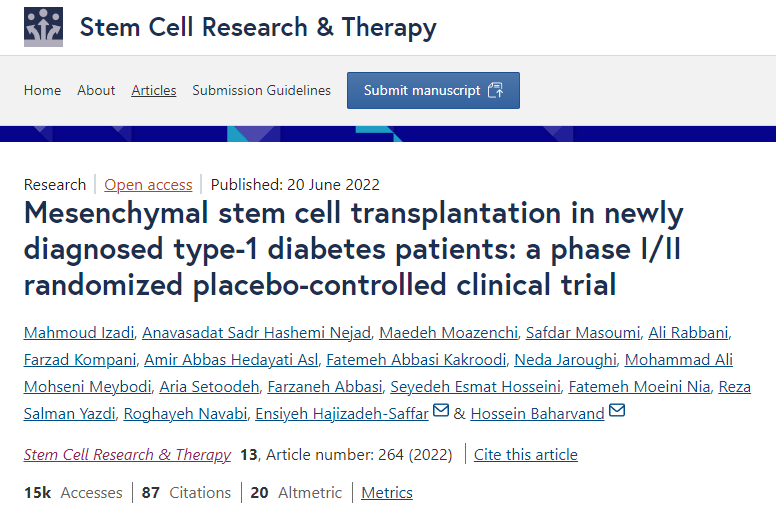 間充質(zhì)干細胞移植治療新診斷的1型糖尿病患者：一項I/II期隨機安慰劑對照臨床試驗