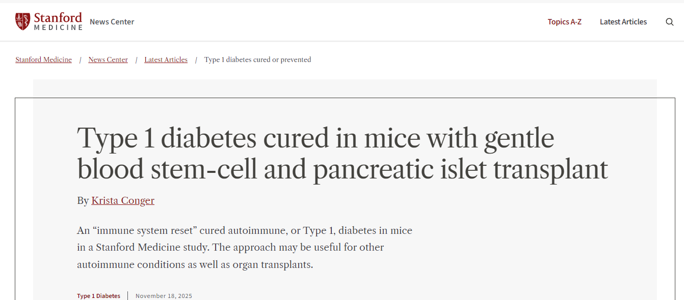 通過(guò)溫和的血液干細胞和胰島移植，小鼠的1型糖尿病得以治愈。