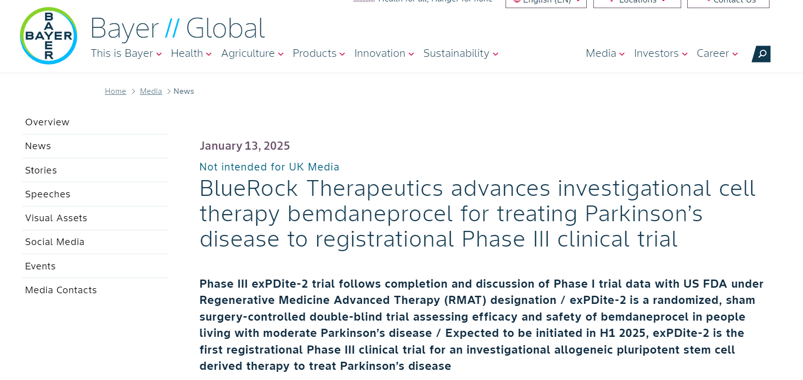 BlueRockTherapeutics推進(jìn)其在研細胞療法bemdaneprocel用于治療帕金森病進(jìn)入注冊川期臨床試驗階段