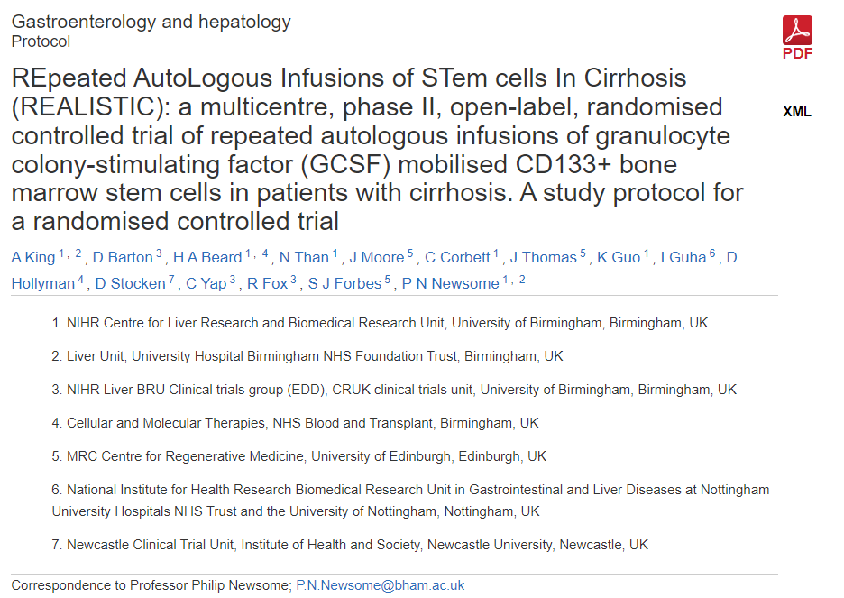 REALISTIC（重復自體干細胞輸注治療肝硬化）：一項多中心、II期、開(kāi)放標簽、隨機對照試驗