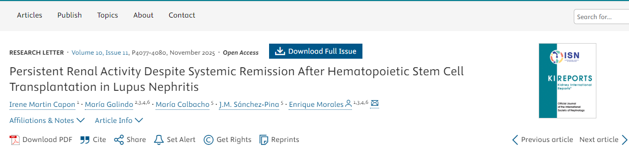 狼瘡性腎炎患者接受造血干細胞移植后，盡管全身癥狀緩解，但腎臟活動(dòng)仍持續存在