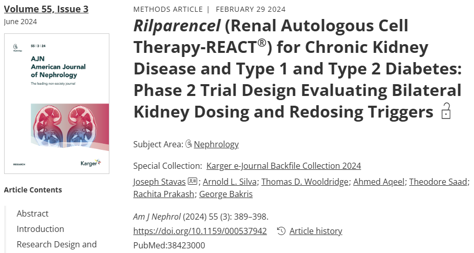 Rilparencel（腎臟自體細胞療法-REACT?）用于治療慢性腎臟病和1型及2型糖尿?。涸u估雙側腎臟給藥和重復給藥觸發(fā)機制的II期試驗設計?