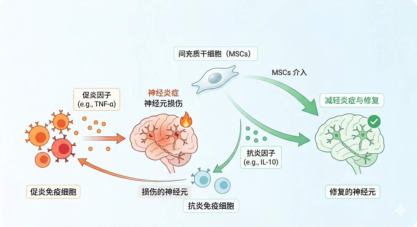通過(guò)減輕神經(jīng)炎癥實(shí)現神經(jīng)保護：間充質(zhì)干細胞治療中樞神經(jīng)系統（CNS）疾病的機制與前景