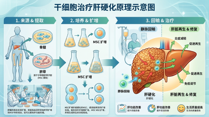 干細胞治療肝硬化原理示意圖