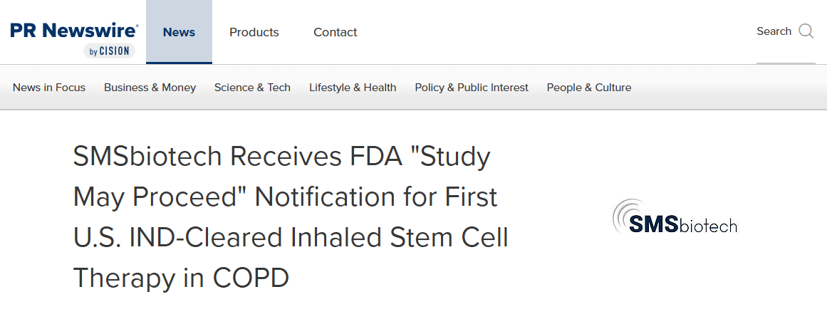 SMSbiotech吸入式干細胞療法獲FDA IND批準：美國首個(gè)COPD吸入式干細胞療法